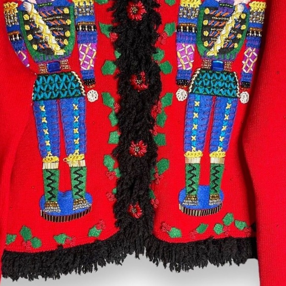 Michael Simon Womens Sz M Beaded Nutcracker Sweater Cardigan Black Fringe Trim - Picture 7 of 15
